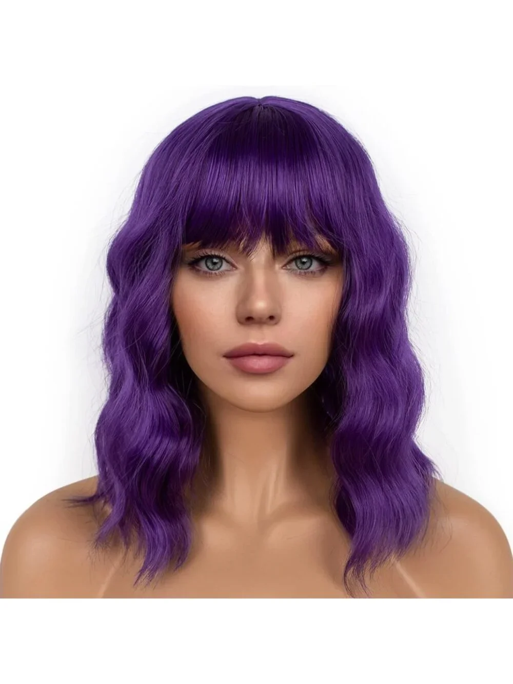 Women's Green Shoulder Length Synthetic Loose Wavy Short Bob Wigs Bangs